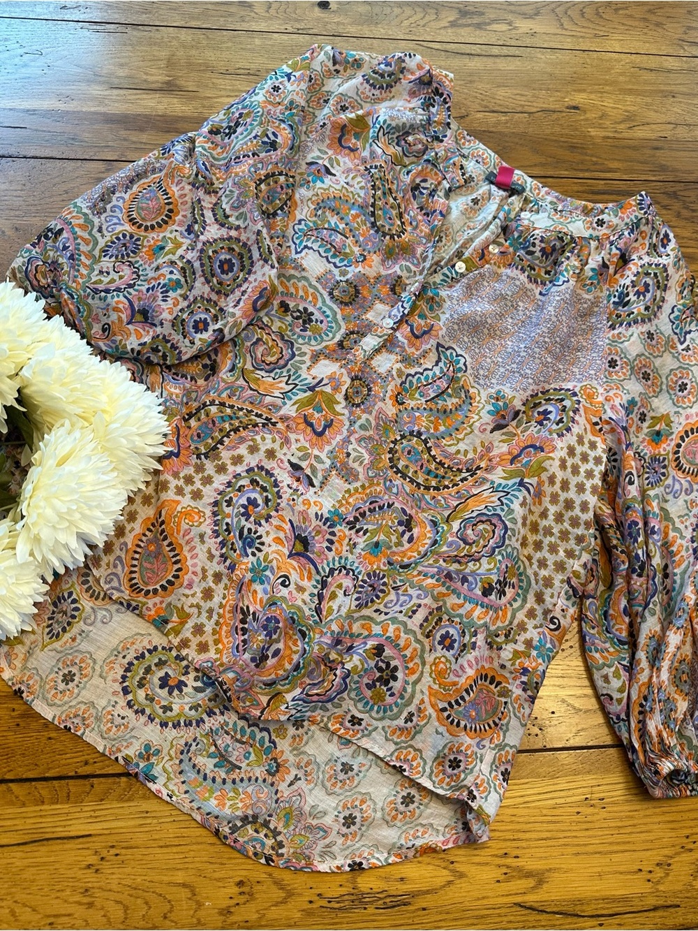Vince Camuto Sheer Paisley Floral Boho Balloon Sleeve Blouse Size Large